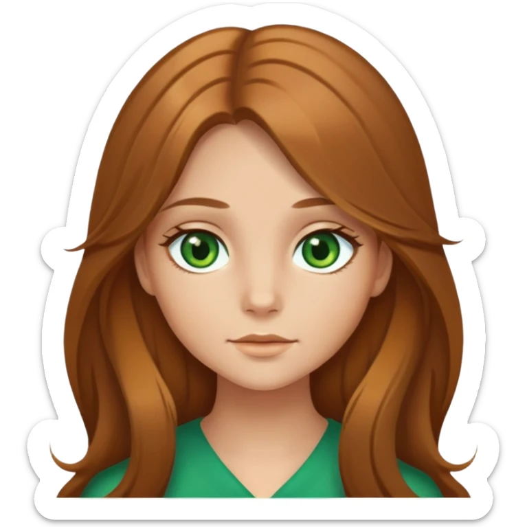 Girl emoji with honey brown, long hair and green eyes with a middle part  sticker