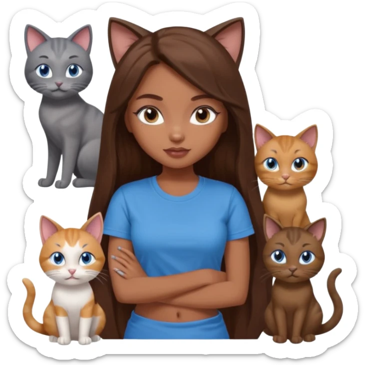 a pretty bratz dusky girl with long brown hair, blue eyes with six cats nd wearing a grey tshirt sticker