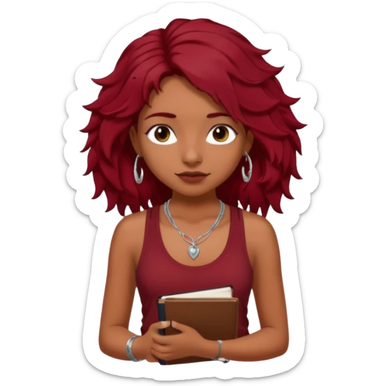 a pretty tan indian bratz girl with messy dark wavyred hair, wearing a dark red tank top, layered silver necklaces. Carrying multiple sketchbooks and pens sticker