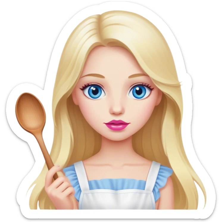 Cinematic realistic beautiful blonde with long hair, blue eyes and pink lips in a white dress cooks sticker