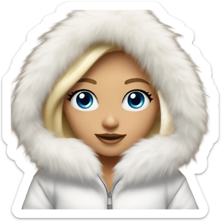 Tanned Girl with lashes and blue eyes, blonde hair, in a extremely big fluffy oversized white fur coat with hood on. The fur is real and it’s very obvious big and fluffy  sticker