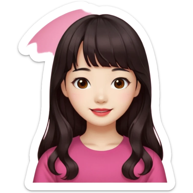 Korean girl, red top, black brown hair, brown eyes, long wavy hair, aesthetic, long hair, hime cut, blunt bangs, pink lip sticker