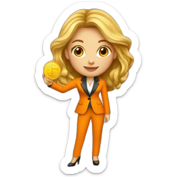 Posh-woman-with-orange-suit-holding-golden-coins sticker