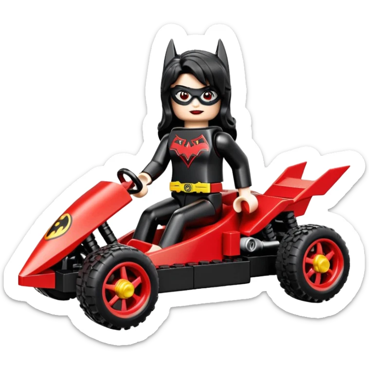 Hot full size real size-appearance electric racing action Lego BatWoman’s feminine midnight-colored tight outfit sixty’s tv show 1992 dark stealthy sporty safe plush petite off-road pursuit cruiser car rose gold accents (black hair,reclined and relaxed torso and shoulders seating position) go kart  sticker