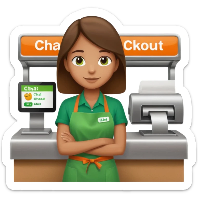 Eine Person wartet an einer Supermarktkasse. Die Kasse ist beschriftet als "Plauderkasse" und im grünen Design. sticker