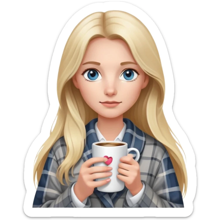 girl
blue eyes
long blond hair
wearing grey plaid housecoat
holding a white mug of coffee
wearing rose gold apple watch  sticker
