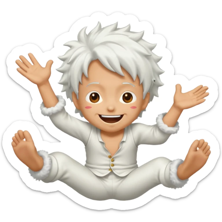 Create a joyful cartoon-style emoji of Luffy as a laughing character with wild, fluffy white hair and a glowing white outfit. The character should have a big open smile, one hand on its face in laughter, and be in a dynamic mid-air pose with bent legs, as if carefree and floating. sticker