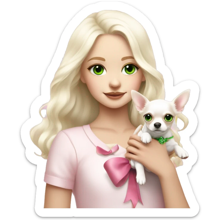 pale blond yt girl with wavy long platinum white hair with bright green eyes holding a white chihuahua puppy that wearing a pink bow sticker