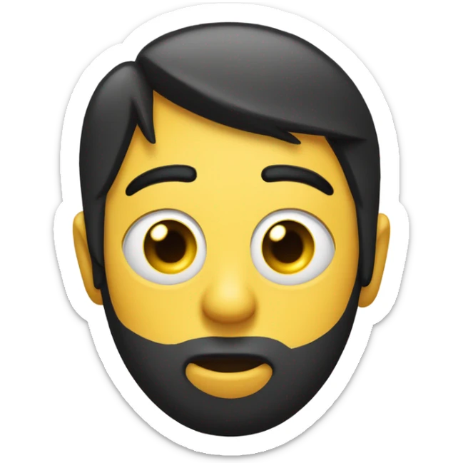 A round yellow emoji with an oversized eye on the left and a straight, black hairstyle partially covering the forehead. The mouth is a neutral line, conveying a sense of indifference or surprise. sticker