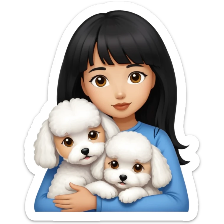 A beautiful girl with long black hair and bangs hugs a little Bichon Frise sticker