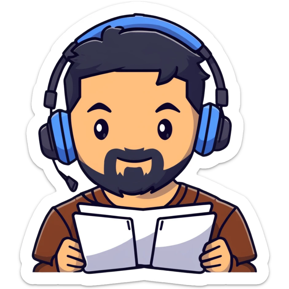 Serious male gamer with black hair, brown eyes, black beard, gaming headset sticker