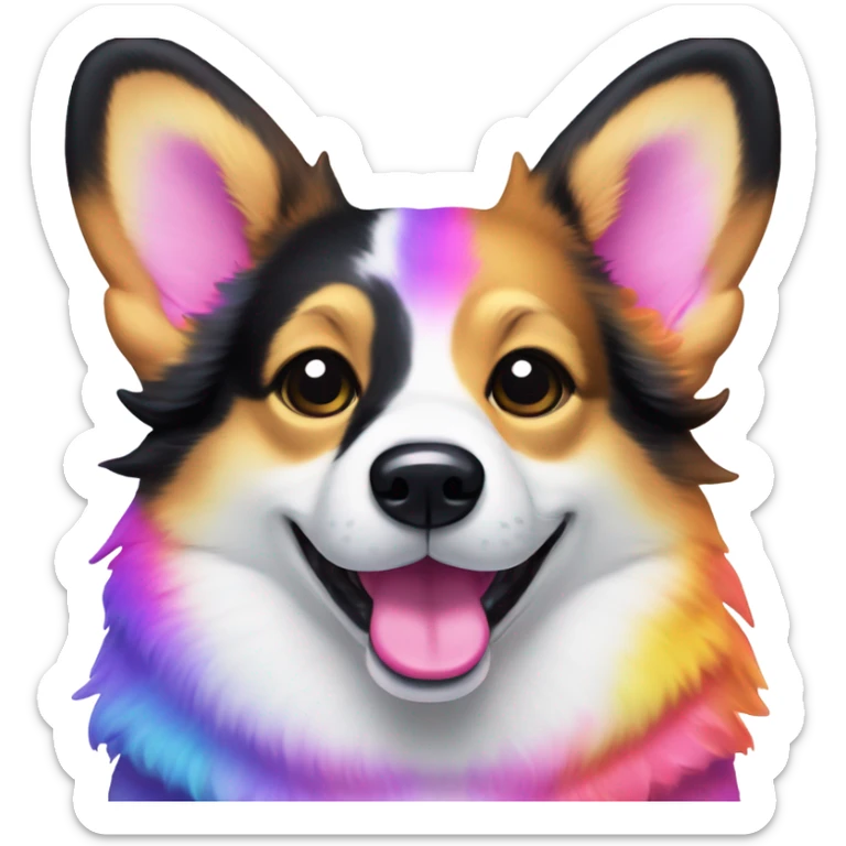 Tri-colored corgi with black near temples in the style of Lisa Frank with toy sticker