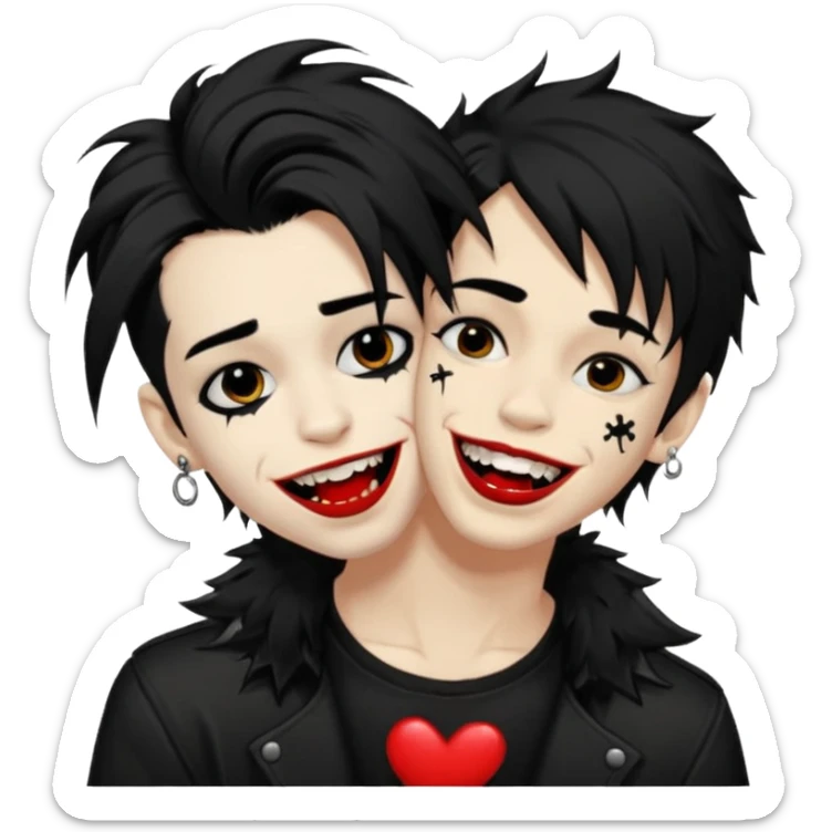 Laughing pale Goth boy with a bunch of face piercings, with shaggy dark brown hair, and messy black eyeliner , smudged, red, lipstick , kissing tan boy with long black hair  sticker