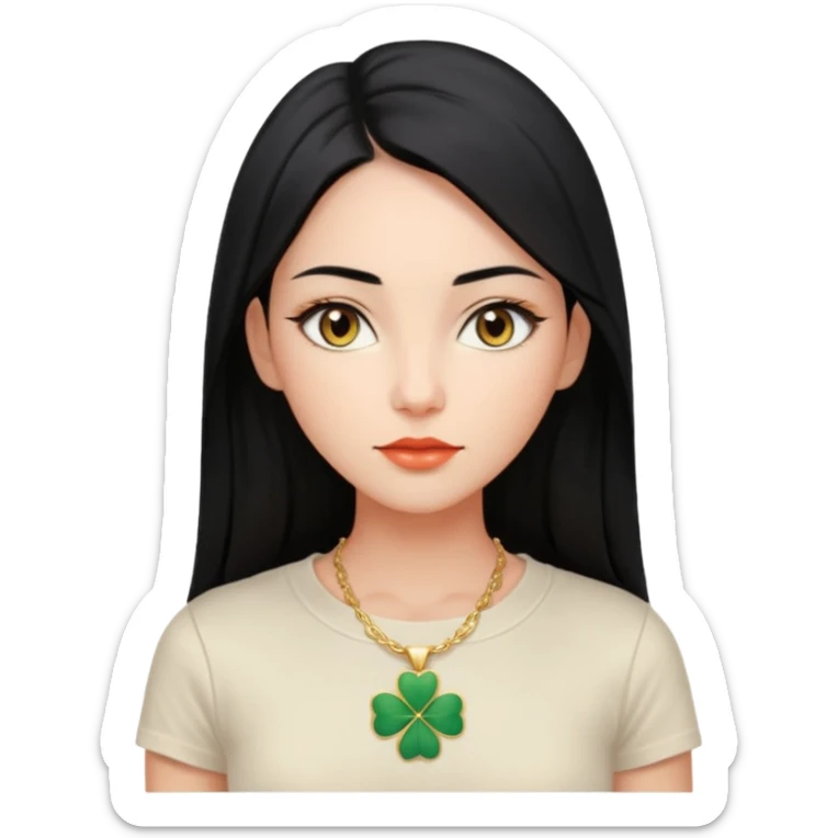 calm woman with long straight black hair parted in the middle, light glowing skin, almond eyes, full coral lips, white fitted t-shirt, gold four-leaf clover necklace, neutral expression, looking at viewer sticker