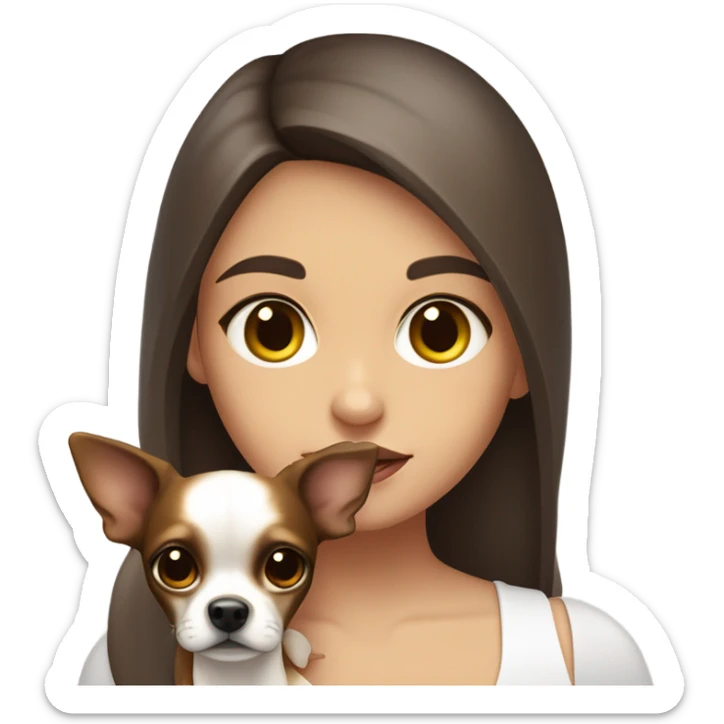 A girl with long brown hair, big dark brown eyes, huge lips wearing a white singlet top, she is holding a chihuahua that only has one colour being yellow sticker