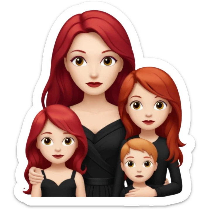 White woman in black dress with long red hair and makeup with two kids in beige  sticker