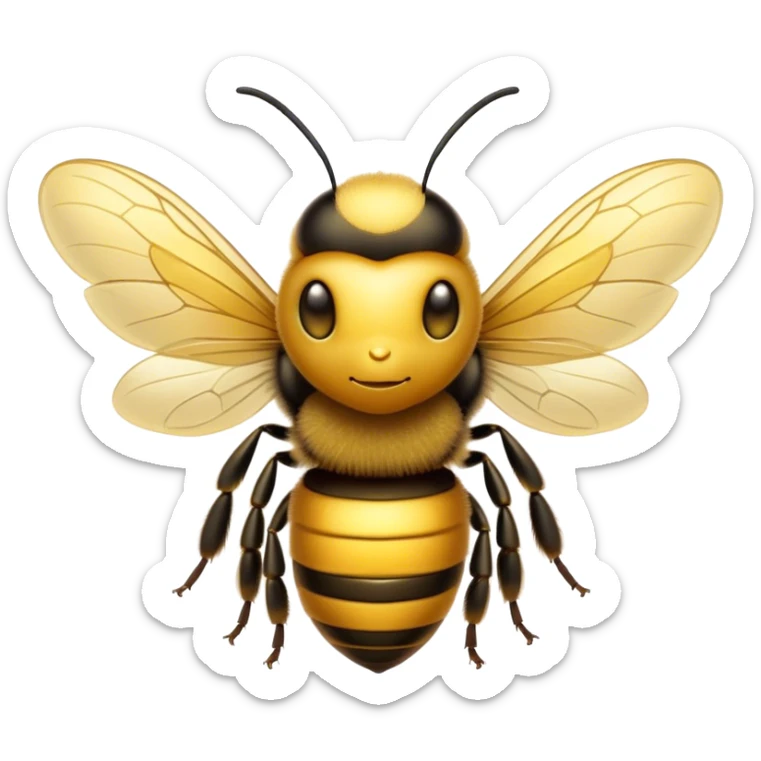Cinematic Noble Bee Portrait Emoji, Poised and industrious, with a compact, fuzzy body in golden-yellow hues, delicate translucent wings, and a focused, determined expression with sparkling eyes, Simplified yet sharp and sophisticated features, highly detailed, glowing with a soft, sunny radiance, high shine, intelligent and diligent, stylized with an air of natural elegance, focused and alert, soft glowing outline, capturing the essence of a watchful bee that appears ready to buzz out of the screen with effortless authority! sticker