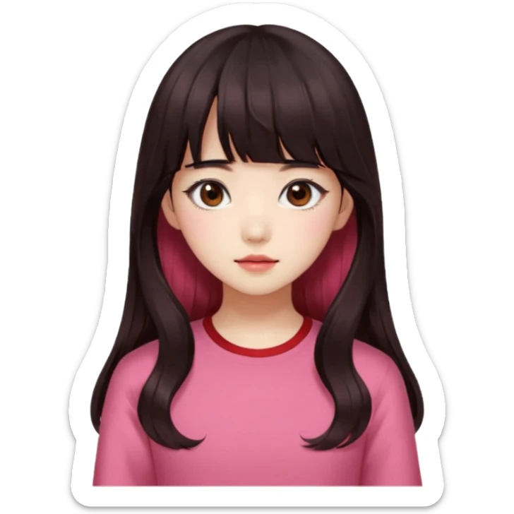 Korean girl, red top, black brown hair, brown eyes, long wavy hair, aesthetic, long hair, hime cut, blunt bangs, pink girl sticker