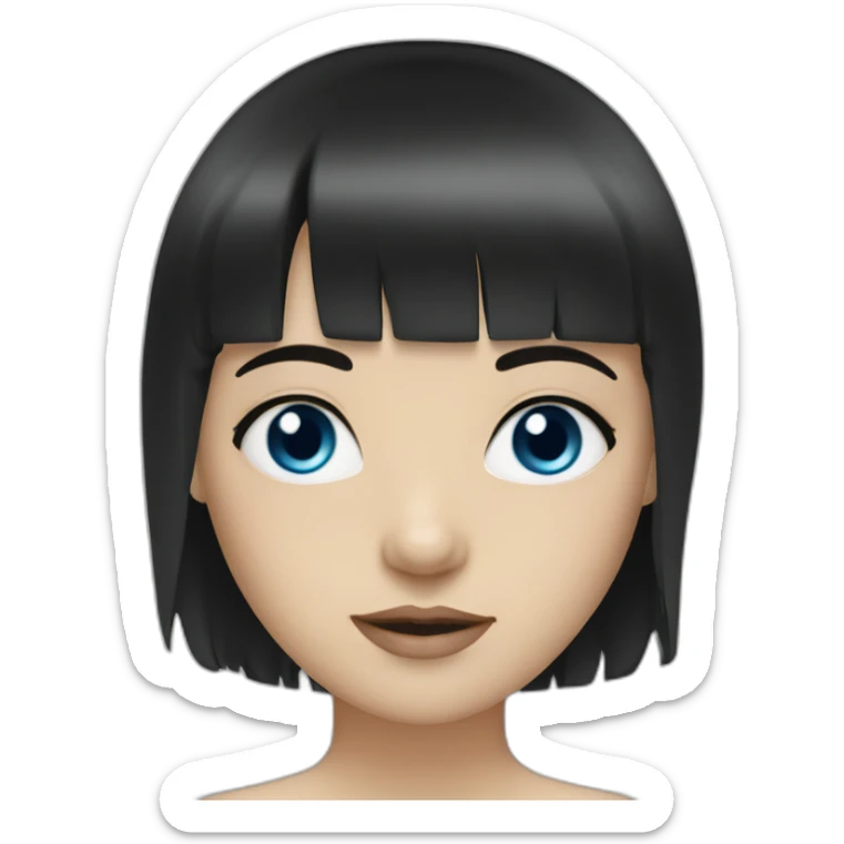 girl with blue eyes black hair fringe white skin and a little cheek sticker