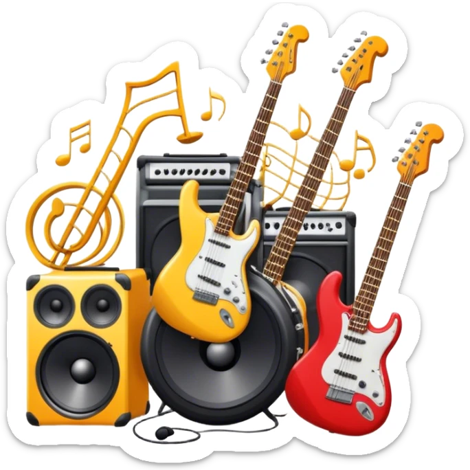 Icon for R&B Music Listening: large concert speakers and headphones with waves of musical notes coming out, along with an electric guitar, bass guitar, drum kit, and synthesizer, saxophone. The icon should convey the energetic and rhythmic vibe of R&B music. Transparent background. sticker