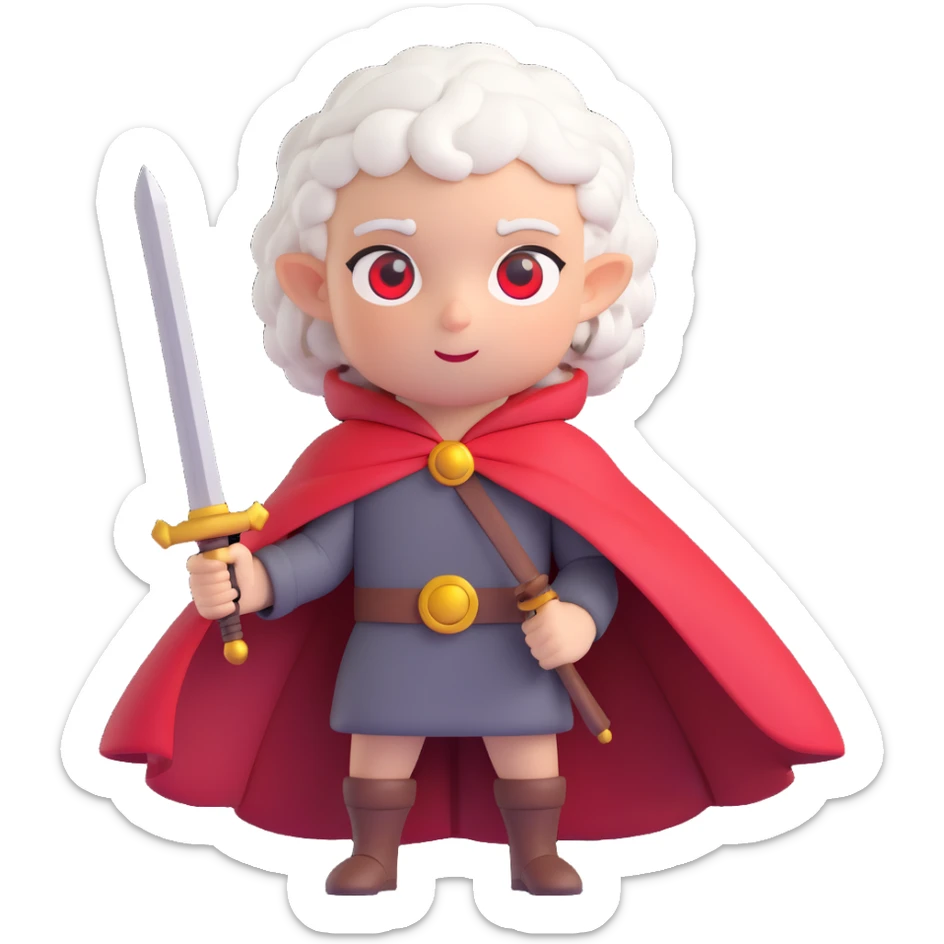 character with short sheep horns, curly white hair, round dark gray face, red eyes, red cape with yellow bell, holding a large sword, confident and cute expression sticker
