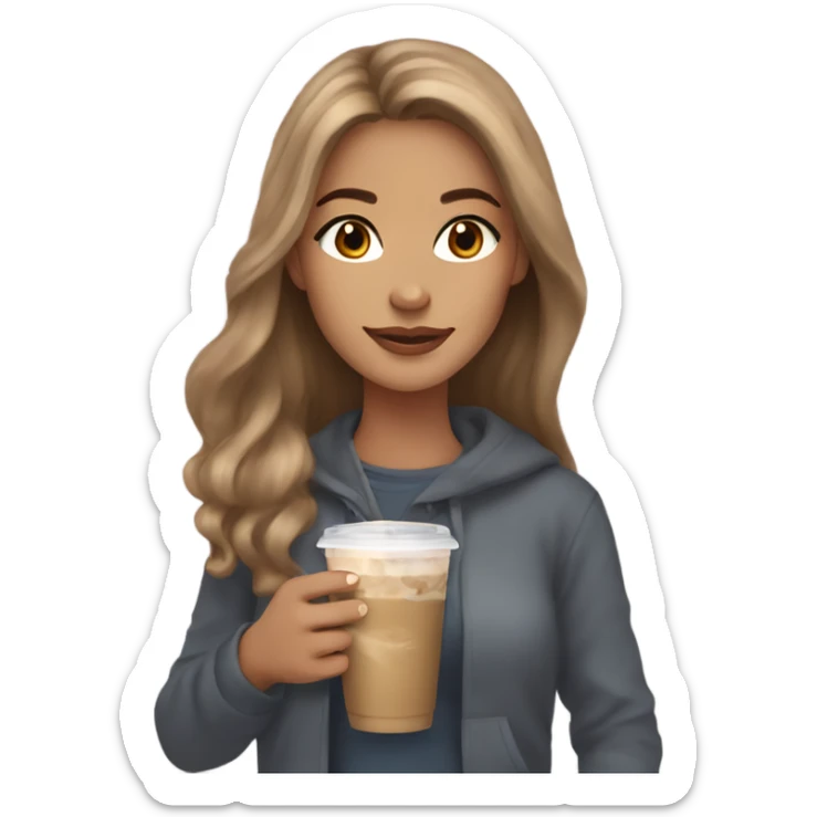 Beautiful woman, long light brown hair, brown eyes, cozy holding an iced coffee sticker
