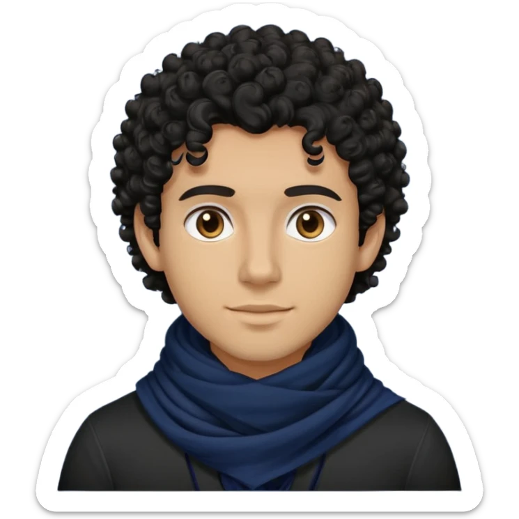 tan skin to deep skin guy, black curly hair, black shirt with navy scarf sticker