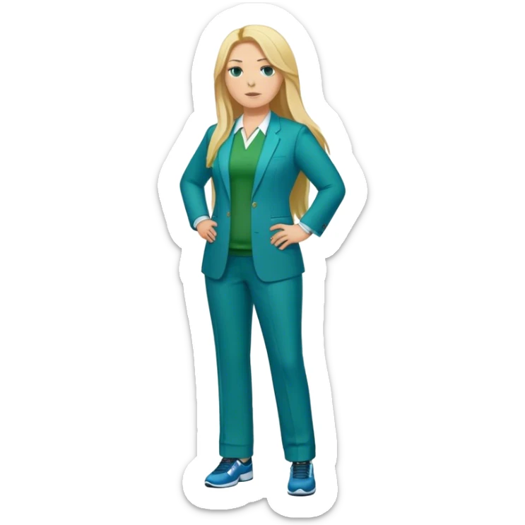 Full Body white plus size female basketball head coach with long blonde hair in a blue and green suit sticker
