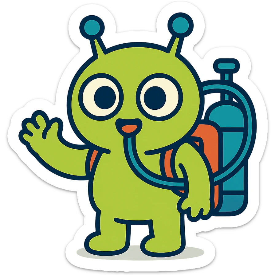 adorable alien with an oxygen tank, cartoon style, round shapes, playful look sticker