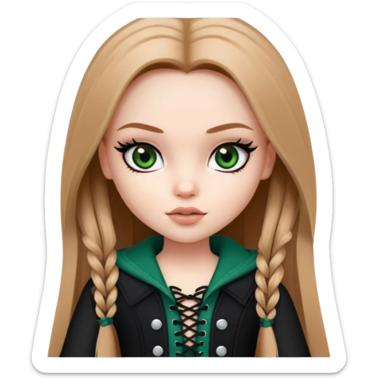 pretty bratz girl, long straight LIGHT BROWN HAIR, dark green eyes, black eyeliner, pale skin, black girly clothes with laces sticker