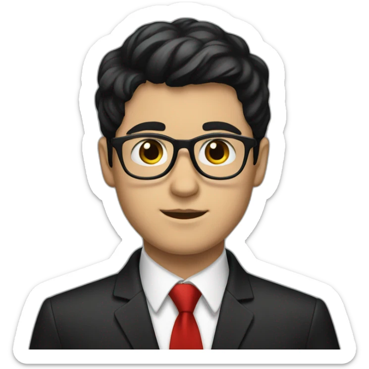 White boy wearing glasses with black hair with brown eye with black shirt and red tie sticker