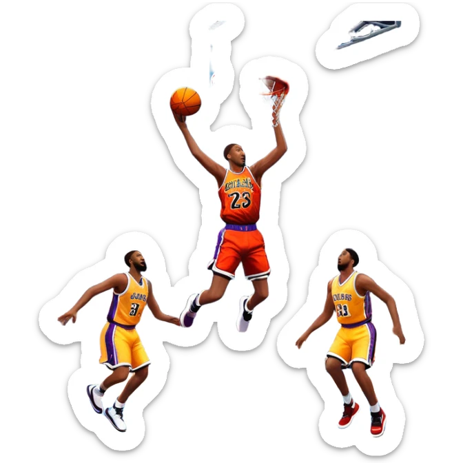 An icon showing a basketball court with players in action, inspired by NBA 2K25. A player jumps for a dunk, the ball mid-air, surrounded by a vibrant basketball arena with cheering fans and bright lights. Transparent background emphasizes the intense atmosphere sticker