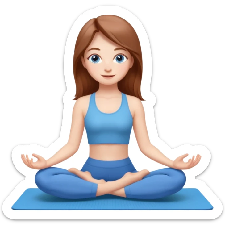 A girl with fair skin and a natural blush. Eyes are large, expressive, blue. Hair is long, straight, light chestnut. Smile is soft, friendly, does yoga sticker