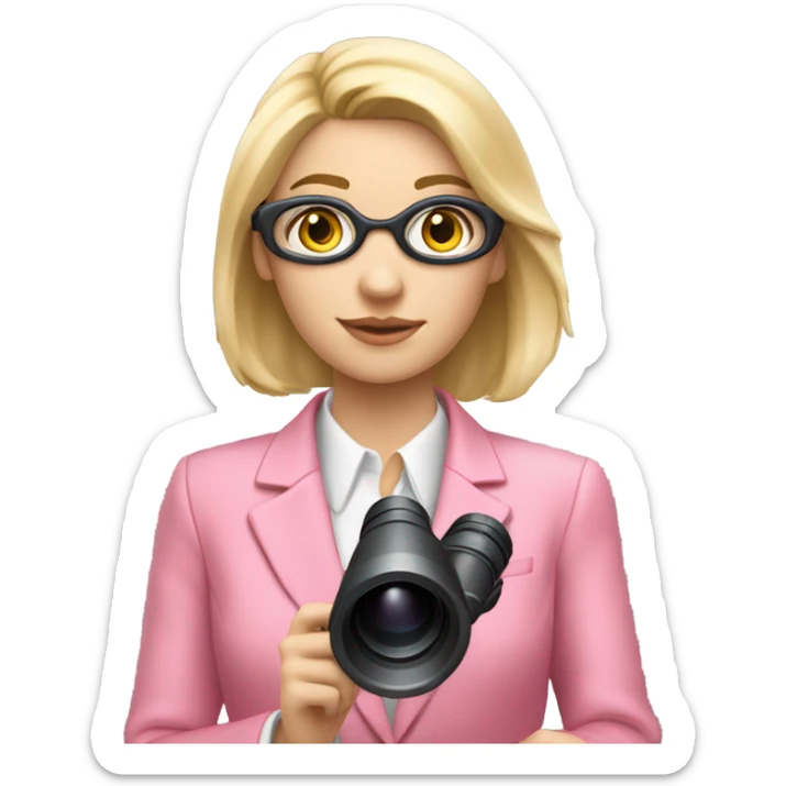 white female employee with pretty face and loose blonde hair wearing intensive color all pink suit looking in binoculars. Upper-body only. Looking straight in front of camara sticker