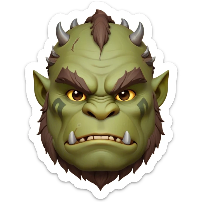 Cinematic Noble Ogre Portrait Emoji, Majestic and imposing, with a rugged, muscular form in deep earthy greens and browns, adorned with battle scars and subtle tribal markings, exuding calm, noble strength and unexpected wisdom, simplified yet strikingly detailed, glowing with a shadowy outline that captures the essence of a gentle giant with fierce heart! sticker