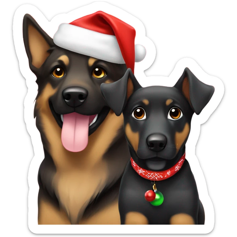 Light brown dog in Santa hat sitting next to a black German Sheppard that is wearing a Christmas bandana sticker
