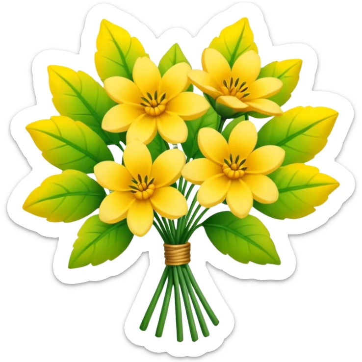 Generate a high-quality image of a bouquet of flowers dominated by yellow blooms, with a mix of green leaves, realistic colors and shading, smooth gradient colors, no human figures, no facial features, no brand markings, simple white background, high-resolution.
 sticker