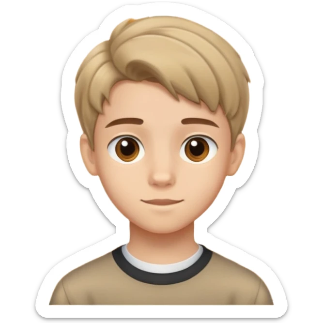 14-year-old boy with light skin, brown curtain hairstyle parted in the middle, warm friendly expression sticker