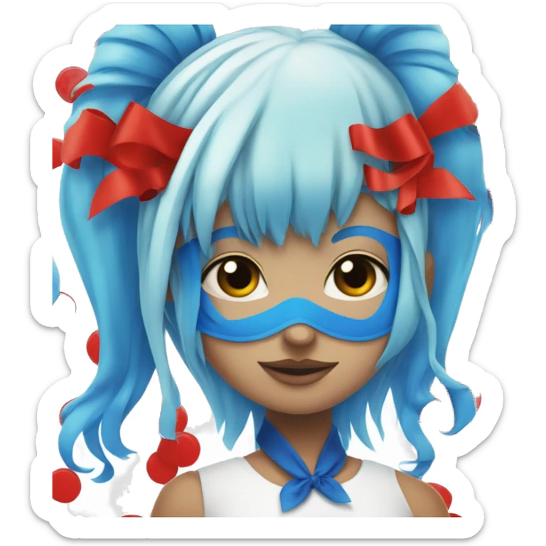Girl with blue hair two ponytails on the side with red ribbons on it and a red mask with black dots on it sticker