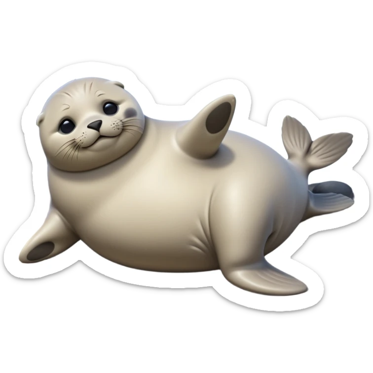 cinematic-seal-realistic-full-body-lounging-emoji,-plump-sleek-body-stretched-out-on-a-rocky-shoreline,-short-smooth-fur-glinting-in-the-sea-breeze,-flippers-tucked-comfortably-beneath-its-body,-large-dark-eyes-filled-with-playful-curiosity,-whiskered-muzzle-lifted-slightly-as-if-smiling,-simplified-yet-realistic-focused-features,-highly-detailed,-glowing-with-a-refreshing-marine-radiance sticker