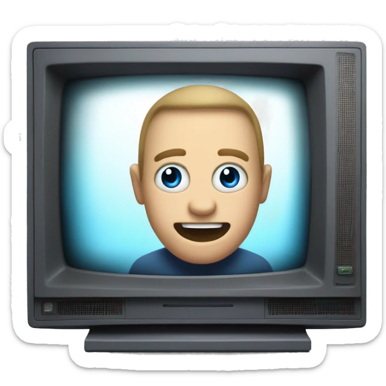 twitch emote of a Man with a TV for a head with blue digital eyes and hes happy, No human head sticker