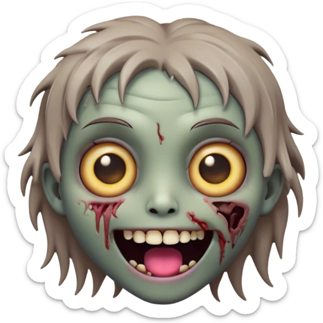 Cinematic Cute Zombie Portrait Emoji, with a delightfully quirky, slightly disheveled face in muted ashen hues, featuring quirky bright eyes and a playful, stitched-together smile, simplified yet irresistibly charming, highly detailed with a soft glowing outline that captures the adorable, offbeat spirit of a zombie who’s more cute than creepy! sticker