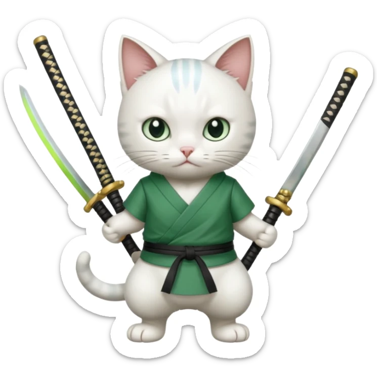 un gato blanco con reeferencia a roroa zoro "una espada en cada mano y una en la boca sticker