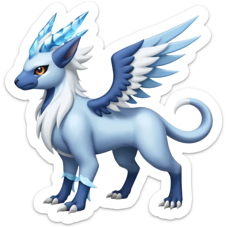 Icy Arctic Frost-Blue Pale-Shimmering Snow-Dusted Majestic Absol-Kyurem-Nargacuga-Meloetta-Latias-fusion-creature (full body) sticker