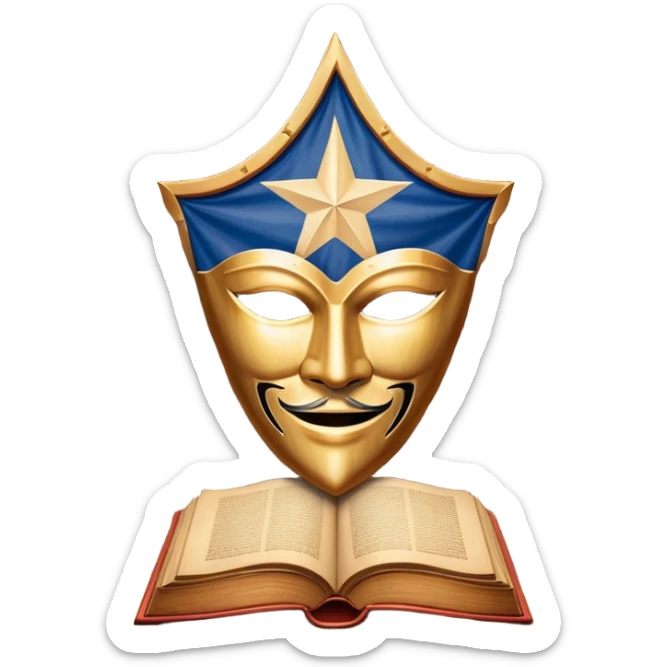 Ancient leatherbound book with prominent Puerto Rican flag star in center of cover, wooden theater masks and curtains framing the edges, warm amber glow emanating from pages, vintage textured parchment sticker