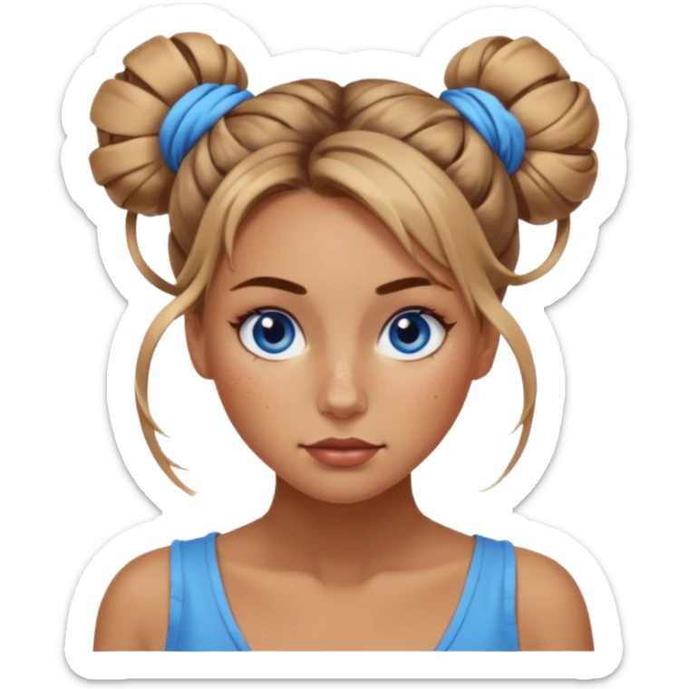 Attractive Woman with tan skin, blue eyes, wide face, freckles, and a twisted messy bun sticker