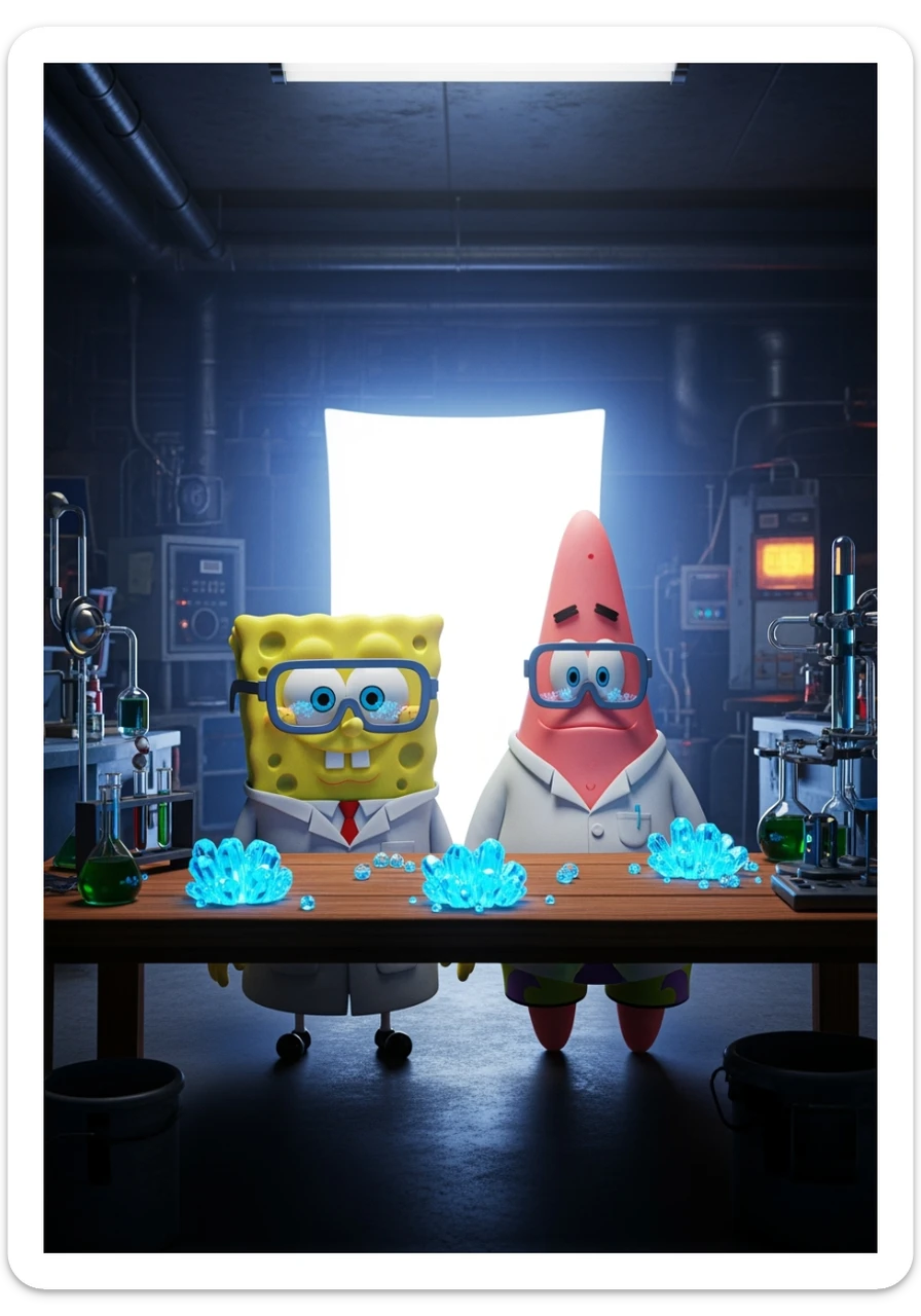 3D cienmatic cartoon shot, spongebob and patric dress in safety glasses and safe white outfit, the are standing front of table with blue crystals on table glowing (light source) science room in basement, back light, Cinema 4d render, proffesional lightning sticker