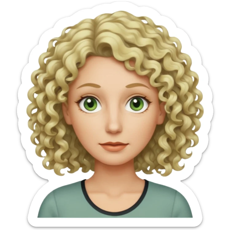 a woman in her late 40s and has greyish greenish eyes and blonde curly hair wearing a grafic top# sticker