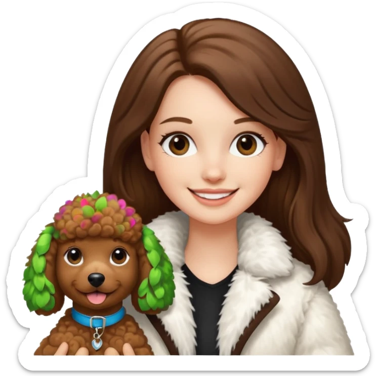 A white girl smiles a broad smile. She parts a long straight brown hair in middle. and she wears a white fur jacket. She also holds one brown poodle. sticker