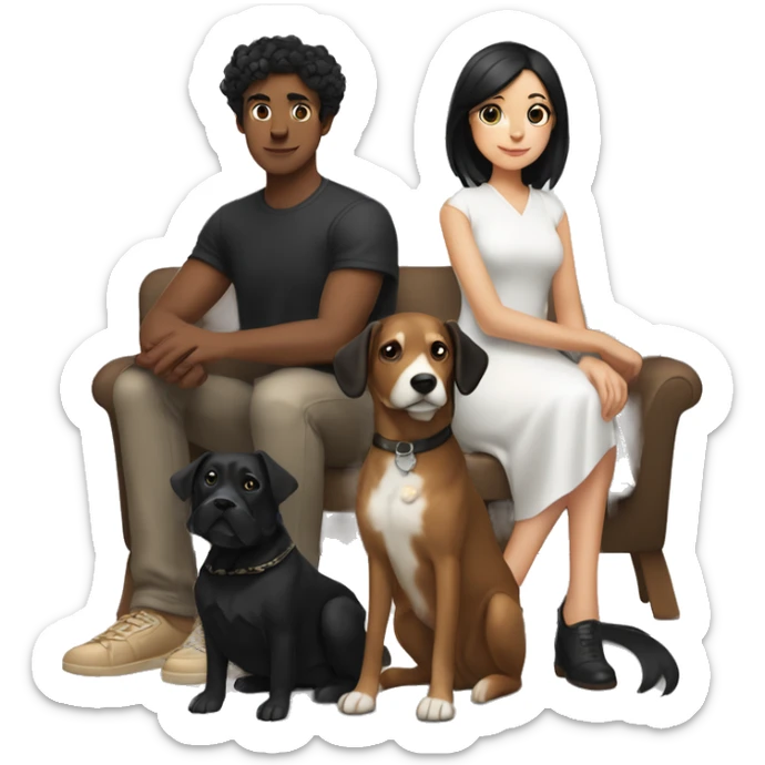 girl with white skin and black hair sitting next to a man with tan skin and black hair, a black and white dog sitting next to them and also a brown dog sitting next to them  sticker